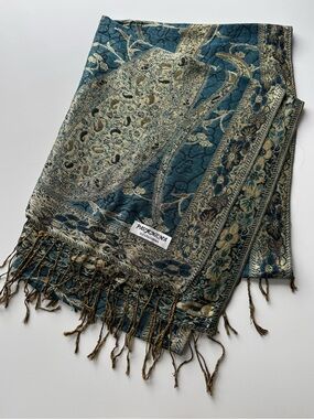 Pashmina Teal and Gold Paisley Wrap Scarf